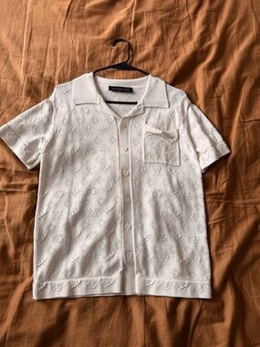 Louis Vuitton Ivory Short-Sleeve Knit Polo with Monogram Texture
